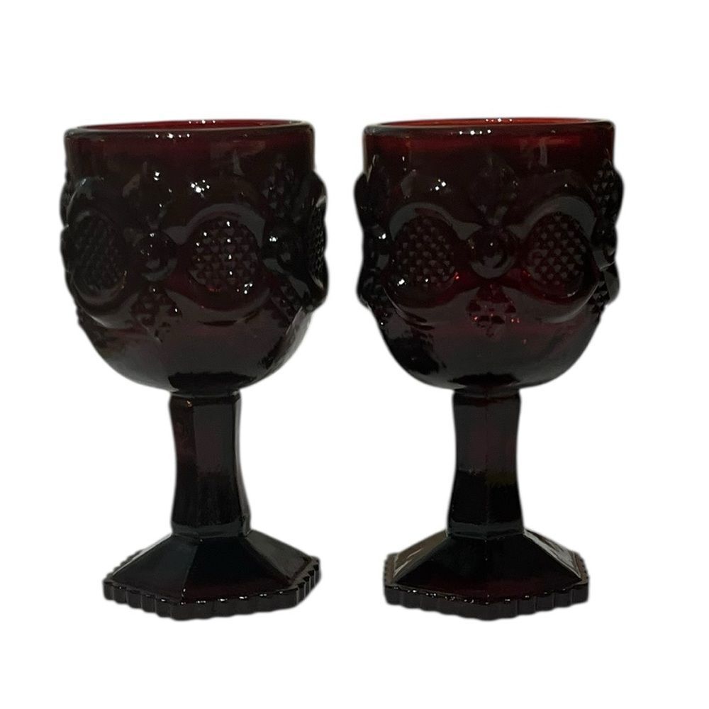 Avon Vintage 1876 Cape Cod‎ Collection Ruby Red Pressed Glass Goblets, 2 Small